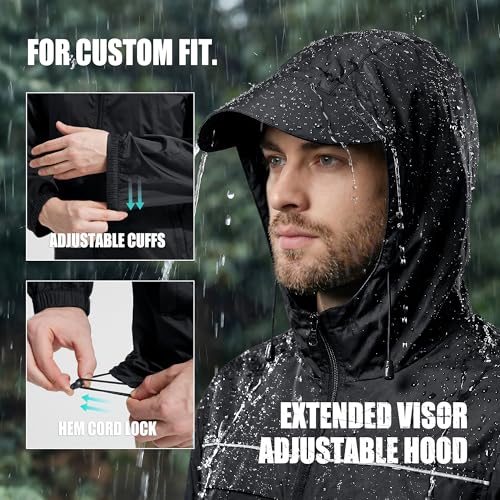 ZITY Mens Rain Jacket with Lining Waterproof Lightweight Rain Coats Packable Hooded Windbreaker for Hiking Golf Cycling - color: Black, size: Medium