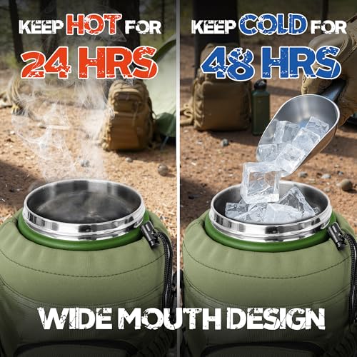 NATURE PIONEOR 128oz/1 Gallon Tactical Water Bottle with MOLLE Bottle Pouch | 18/8 Food-grade Stainless Steel, Double Vacuum Insulation, Wide-Mouth, Straw & Spout Lid, Strap, Camping, Hiking, Gym, Work - color: Green Black, size: 128 Ounces
