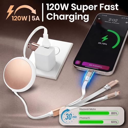 120W Fast Multi Charging Cable, 6 in 1 Retractable Charger (White Golden) | 5A Fast Charging | 6 in 1 Retractable | L Port USB C Micro | Durable Braided | Adjustable 10.2 to 44.1 in | Data sync USB C - color: White Golden
