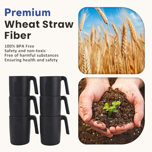 Homienly Unbreakable Coffee Mug Set - 6 Wheat Straw Reusable Cups | Dishwasher Safe Drinking Glasses | Alternative to Plastic Mugs & Glass Cups 16 oz for Camping, Kitchen (Black) - color: Black-Handle, size: 16 Ounces