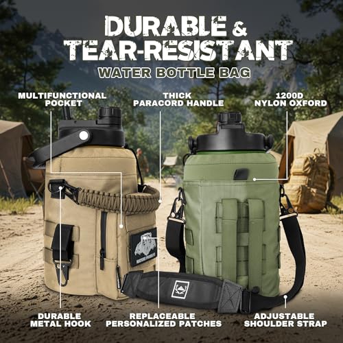 NATURE PIONEOR 128oz/1 Gallon Tactical Water Bottle with MOLLE Bottle Pouch | 18/8 Food-grade Stainless Steel, Double Vacuum Insulation, Wide-Mouth, Straw & Spout Lid, Strap, Camping, Hiking, Gym, Work - color: Green Black, size: 128 Ounces