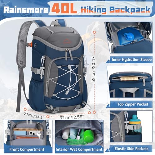 RAINSMORE Foldable Hiking Backpack for Women Men Packable Camping Backpack 40L Waterproof Hiking Daypack Bag Lightweight Collapsible Daypack for Travel Trekking Mountaineering Large Capacity Blue - color: Dark Blue and Grey