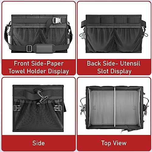 FANGSUN Grill Caddy, Foldable BBQ Caddy with Paper Towel Holder, Black | 11 Compartments, Easy-Clean Aluminum Interior, 1680D Oxford Fabric, Water-Resistant, Shoulder Strap Included, Tailgating - style: Black