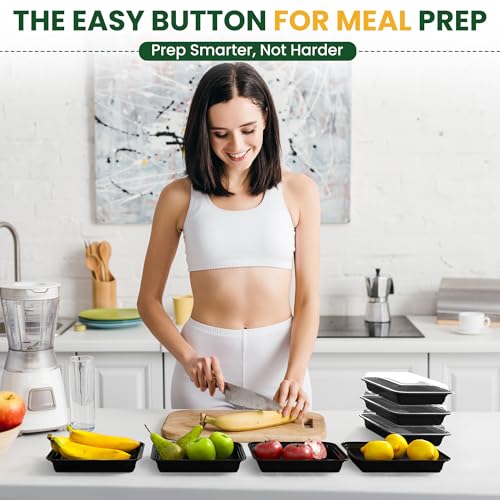 28oz Meal Prep Containers [50-Pack], Reusable Bento Box with Easy-Snap Leakproof Lids - Microwave, Dishwasher & Freezer Safe Food Storage, BPA-Free Plastic Lunch Containers (Black)
