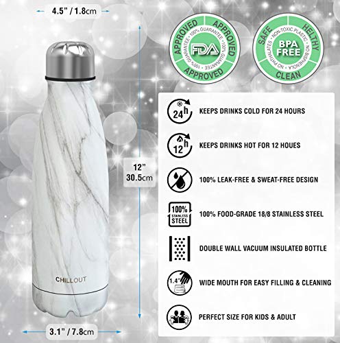 CHILLOUT LIFE 25oz Insulated Stainless Steel Water Bottle, Leak Proof - color: Carrara Marble