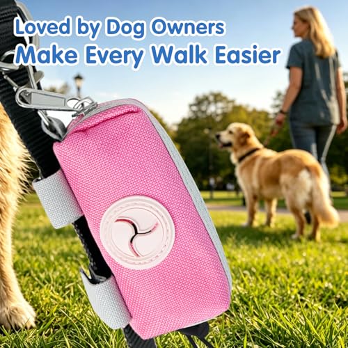 Dog Poop Bag Holder for Leash, Large-Capacity Canvas Pouch, Pink | Holds one bag roll, keys, treats, and small essentials with quick access, secure straps, and water-resistant canvas - color: Pink