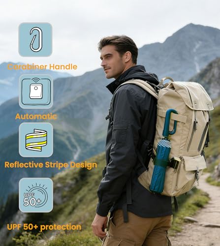 SIEPASA Travel Umbrella with Carabiner Handle - Windproof 10 Ribs Auto Open/Close for Rain & Sun Protection, Compact Portable Clip-on Backpack Design with Safety Reflective Strip. - color: Navy Blue