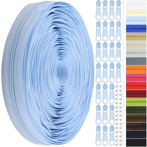 DOITEM 12 Yards Nylon Coil Zipper by The Yards, #3 Bulk Zippers for DIY Sewing Craft Bags with Replacement 25PCS Sliders (Light Blue, #3) - color: Light Blue, size: #3