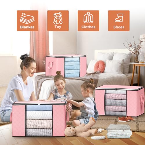 90L Large Storage Bags, 4 Pack Clothes Storage Bins Closet Organizers - color: Pink, size: 4 Pack-90L