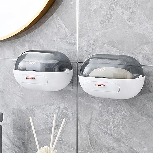 2 Pack Shower Soap Dish Holder with Lid, Bar Soap Container with Drain | Wall Mounted Soap Box Container for Shower, Bathroom, Bathtub, Kitchen Sink, Adhesive Included - color: 2pcs White Wall-mounted