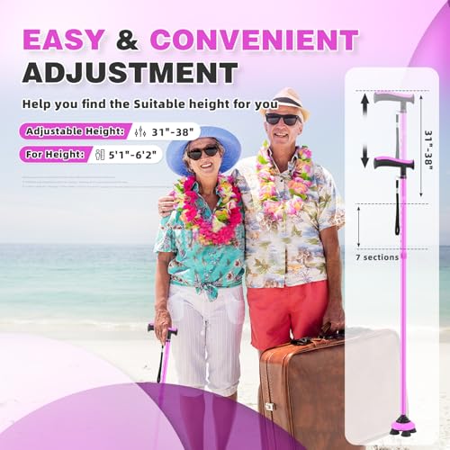 Walking Cane for Men & Women Walking Stick for Seniors Folding Canes Quad Cane Adjustable Lightweight Sturdy Collapsible Heavy Duty with Soft TPR T-Handle and Travel Bag - color: Pink