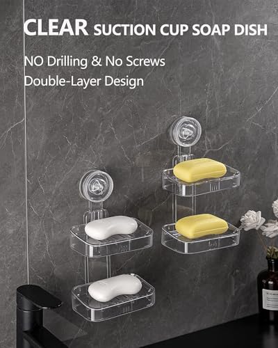 Soap Dish - Clear Suction Cup Soap Dish for Shower with Strong Suction & Reusable Adhesive NO-Drilling Self Draining Removable Waterproof Soap Sponge Holder for Shower Bathroom Bathtub Kitchen