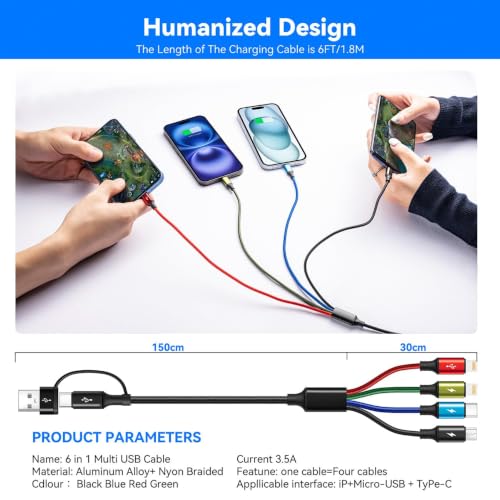 6 in 1 Multiple Charging Cable,USB A/C Universal Charger Cable 2 Pack 6Ft - size: 6 ft