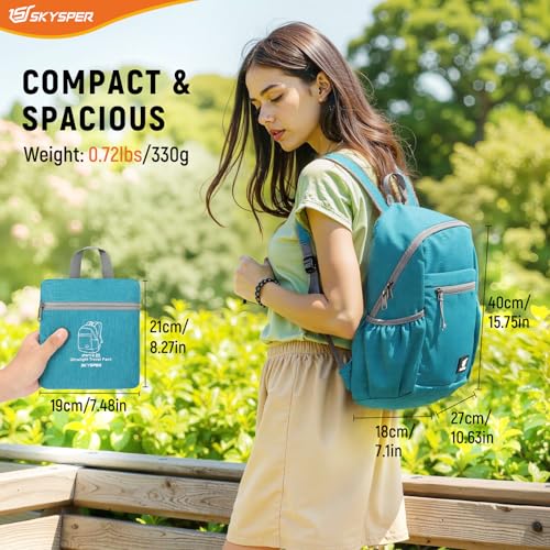 SKYSPER Anti Theft Hiking Backpack, 20L RFID Packable Travel Daypack, Lightweight Foldable Back Pack for Walking Daytrip - color: Cyan, size: Medium
