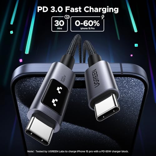 UGREEN Uno USB C Cable 100W with LED Display, Fast Charging, 3.3ft, Black | For iPhone 17/16/15, MacBook Pro/Air, iPad Pro/Air/Mini, Galaxy S26/S25/S24, Dell XPS, Pixel, Switch, and more - color: Black, size: 3.3 FT