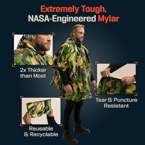PREPARED4X Emergency Mylar Poncho – Survival Rain Poncho with Hood – Lightweight, Compact, Reusable Emergency Blanket Poncho for Hiking, Camping, Thermal Gear, Car Kit, Outdoors - color: Green Camo 4-pack
