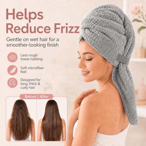 Large Microfiber Hair Wrap Towel for Women, Quick-Dry & Absorbent (Grey) | Absorbs water fast and reduces frizz, fits long and curly hair, soft, lightweight, secure elastic loop keeps wrap in place - color: Grey-1