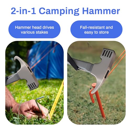 Camping Hammer with Tent Stake Remover, 12" Heavy Duty Steel Tent Mallet Rubber Covered Anti-Slip Handle & Holding Strap Multi-Functional for Camping, Backpacking, Hard Places (Orange) - color: Orange