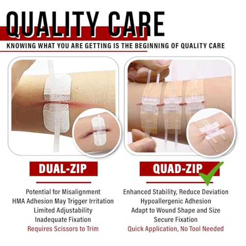 EVERLIT Wound Closure Pack | 4 Pcs Surgical Wound Zip Devices for Cut & Laceration Wound Repair | Sterile, Suture-Free, Stitch-Less Adhesive Butterfly Bandage Strips for Emergency First Aid Care - size: 4 Zip Compact Pack
