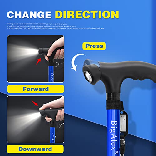 BigAlex Folding Walking Cane with LED Light,Pivoting Quad Base,Adjustable Walking Stick with Carrying Bag for Man/Woman (Alloy Base) - color: Blue(30"-35")