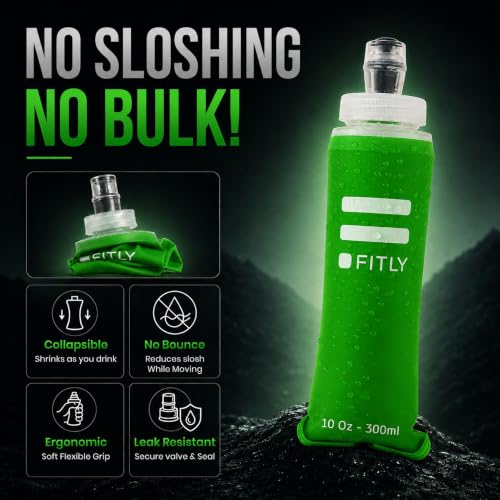 FITLY Soft Flask - Shrink As You Drink Soft Water Bottle for Hydration Pack - Folding Water Bottle Ideal for Running, Hiking, Cycling, Climbing & Rigorous Activity - color: Forest Green, size: 10 Ounces