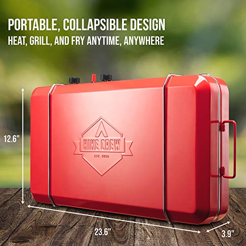 Hike Crew 2-in-1 Gas Camping Stove and Griddle, Portable Propane Burner w/Integrated Igniter & Stainless Drip Tray | Built-in Carrying Handle, Foldable Legs & Wind Panels | Includes Regulator