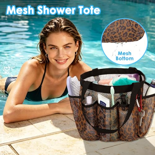 Fammart Mesh Shower Caddy Portable for College Dorm Room Essentials, 8-Pocket Large Shower Basket Tote Bag with 2 Handles for Toiletry, Bathroom, Beach, Camp, Gym - color: Multiple Pockets, 1 Pack - Leopard