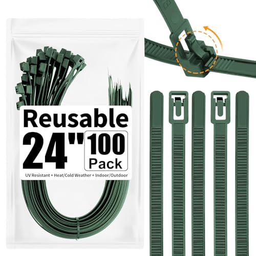 100 Pack Reusable Zip Ties 24 Inch Extra Long Cable Ties Dark Green | Reusable Trigger Release / Industrial Nylon / UV Resistant / Non-Slip Self-Locking / Round Ends No Hurt / Extra Long 24" - size: 24 inch