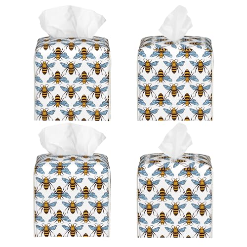 Honey Bee Tissue Box Cover Leather Tissue Box Holder Square Facial Paper Organizer Dispenser for Bathroom Kitchen Bedroom Vanity Countertop Night Stands - color: Honey Bee