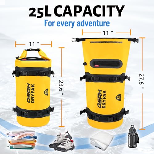 OSAH DRYPAK 25L Waterproof Dry Bag - Motorcycle Luggage Tail Bag with Straps for Back Seat, Roll Top Lightweight Waterproof Backpack Sack for Travel, Swimming, Boating, Kayaking, Camping and Beach - color: Yellow