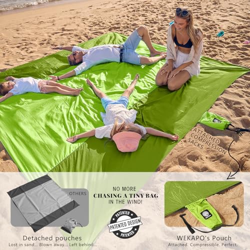 WEKAPO Beach Blanket Sandproof Waterproof, Extra Large Beach Mat, Oversized & Compact Sand Free, Quick Drying Beach Essentials for Vacation, Cruise, Picnic & Camping with Stakes - color: Green, size: 9x7 FT (1～5 person)