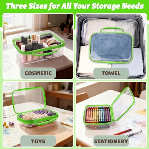 3 Pack Deep Clear Hard Shell Zipper Cases with Handle (Green) | Travel Toiletry Bag, Waterproof 1.2mm PET Hard Plastic Pouches, Organizer Box for Makeup, Toy, Snack, Stationery, Diaper - color: Green Handle(L+M+S)