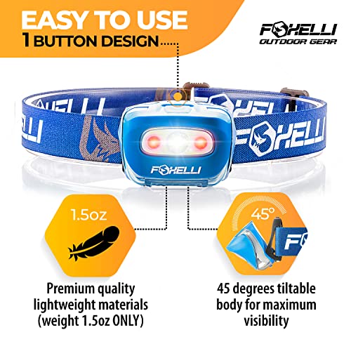 Foxelli LED Headlamp Flashlight for Adults & Kids, Running, Camping, Hiking Head Lamp with White & Red Light, Comfortable Headband, Lightweight & Waterproof, 3 AAA Batteries - color: Blue