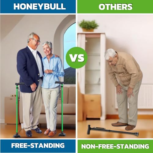 HONEYBULL Walking Cane for Men & Women, Foldable Free Standing Cane | Adjustable Height, Collapsible Design, Heavy-Duty, Pivot Base for Stable Support, Ergonomic Handle - color: Green