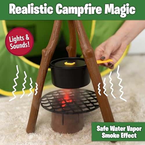 John Deere Pop-Up Camping Tent, 18 Piece Set Includes Canteen, Plates, Utensils, Play Food, Pots, Binoculars, Lantern, and Flashlight, Indoor and Outdoor Play