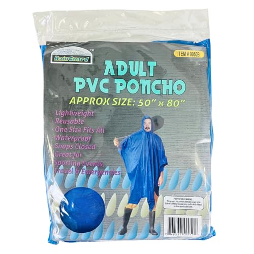 RAIN GUARD 10 Mil Vinyl Rain Poncho with Hood | Expanded 50" x 80" | Reusable Waterproof Protection | Adult Size | 2 Pack - color: Blue