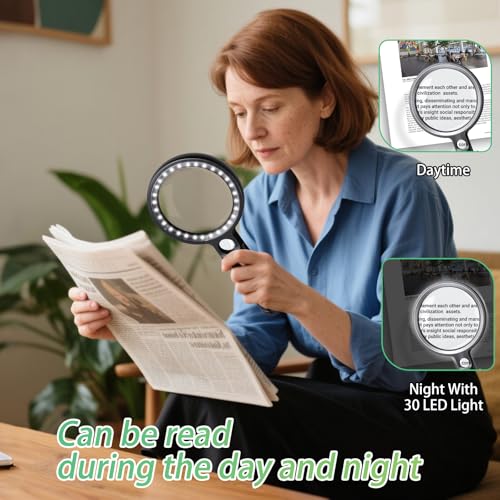 Handheld Magnifying Glass with Light, 10X 30X Optical Glass Magnifying Glass with 31 LEDs Lighted, The Essential Magnifier for Seniors, Reading, Puzzle, Coins, Jewelry, Inspection & Close Work