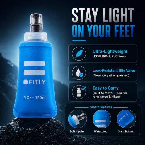 FITLY Soft Flask - Shrink As You Drink Soft Water Bottle for Hydration Pack - Folding Water Bottle Ideal for Running, Hiking, Cycling, Climbing & Rigorous Activity - color: Blue, size: 5 Ounces