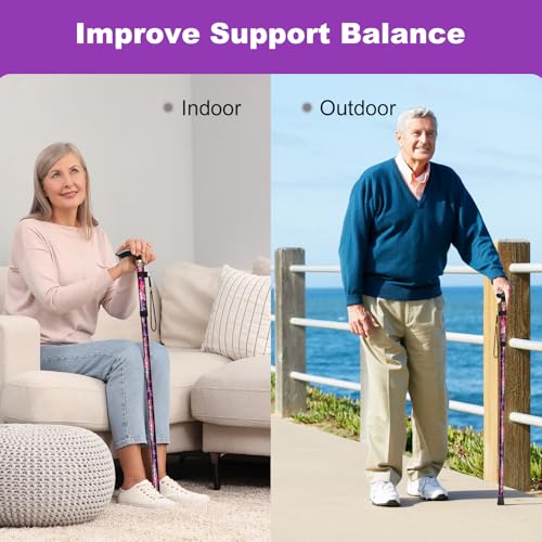 MFE Folding Cane, Portable 5-Level Adjustable Height Walking Stick with Foldable Design, Wrist Strap, and T Handle for Men and Women - color: Purple Floral