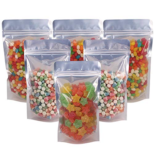100 Pack 5.5 x 10 Inch Stand Up Pouch Bags Zipper Mylar Bags Clear Front with Aluminum Foil Back Reusable Food Storage Bag for Multipurpose with Gusset Bottom(5.5mil Thickness) | Clear Front with Aluminum Foil Back Reusable Food Storage Bag for Multipurpo