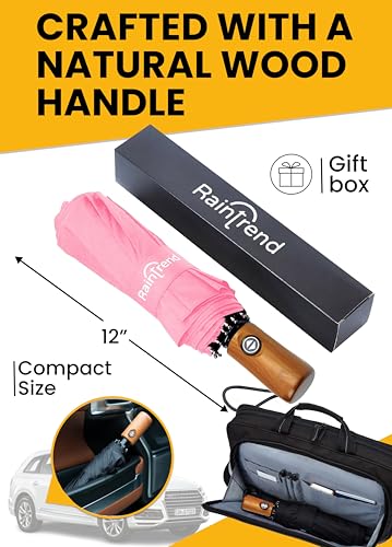 Raintrend Windproof Travel Umbrellas for Rain Automatic +10% Bigger Canopy Strong Frame Compact Folding Portable Umbrella for Women Men Backpack Purse - color: F Pink