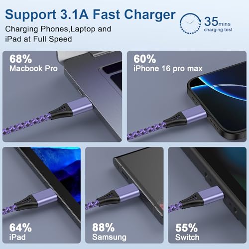 USB C to USB C Charger Braided Cable 60W 10ft Long Fast Charge Type C to Type C Charging Cord Wire for iPhone 17 Pro Max/17/16e/16 Pro Max/15/15 Pro/Samsung Galaxy S25 Edge/S24/S23/S22/S20/A17/A16/A56 - color: Purple