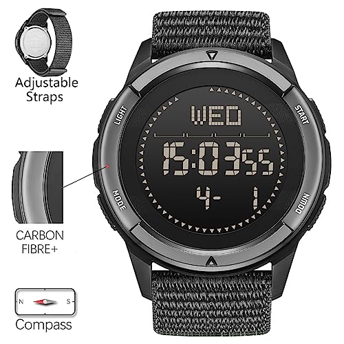 DIDITIME Tactical Watches for Men, Military Watches for Men, Waterproof 164FT, Fitness Watch, Mens Digital Watches with Compass, Metronome, Pedometer, Lightweight Breathable Nylon Watch - color: ALPS-BLACK