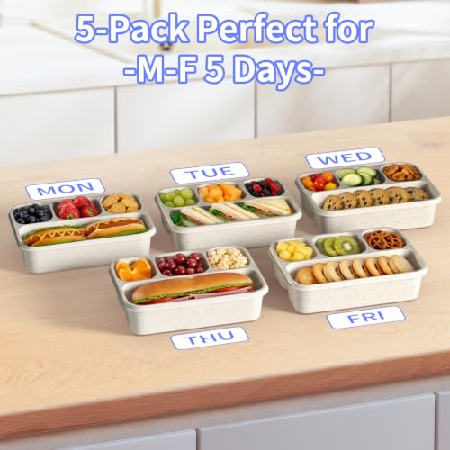 Bento Box 5-Pack, 4-Compartment Lunch Box for Women, Men & Kids, BPA-Free Wheat Straw Snack Containers, Ideal for Meal Prep, Travel, School, Work (White) - color: White