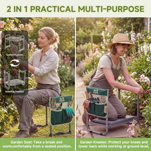 2-in-1 Heavy Duty Foldable Garden Kneeler And Stool With EVA Pad, Green | Wider Thicker Soft Foam Cushioning Includes Exclusive Storage Tool Bag Plus Color Gift Box Ideal Present For Seniors
