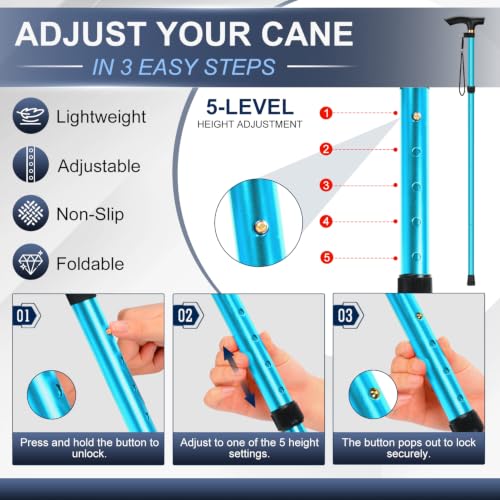 supregear Folding Cane, 5-Level Adjustable Height Walking Stick Lightweight Collapsible Portable Travel Cane with Wrist Strap and T Handle for Elderly Disabled Men Women - color: Blue