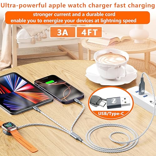 3 in 1 Multi Charging Cable for Apple Watch Charger Fast Charging Cable 4FT | Travel Charging Cords for Multiple Devices with iwatch USB-C Lightining Braided for iWatch Ultra/SE/11-2 iPhone17-5 Kindle - color: GreyWhite-4ft