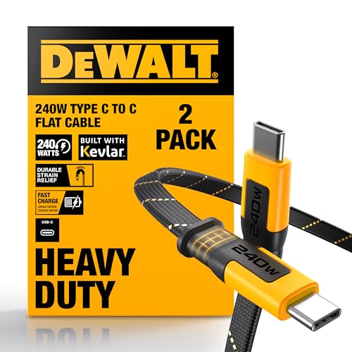 DEWALT Heavy Duty USB-C to USB-C Fast Charging Cable, 1FT | Flat 240W Type-C Fast Charging Cable for iPhone 17/16/15 Pro Max, Samsung Galaxy, MacBook, iPad, Pixel, 2-Pack - size: 1FT