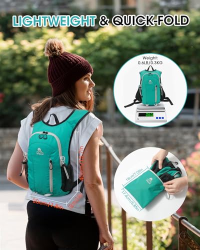 Foldable Small Hiking Backpack with 3 Strap Pockets – Lightweight 300D Spill-proof Daypack for Men Women – Packable Small Travel Backpack with Chest Strap & Trekking Pole Holder – Durable Outdoor Bag - color: Mossgreen-