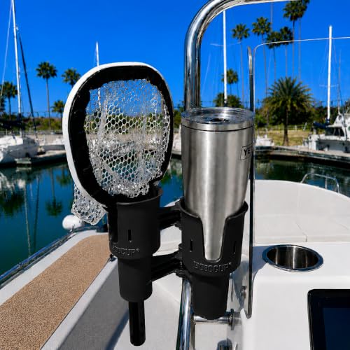 ROBOCUP, (Black), Patented Clamp On Boat Cup Holder |Multifunction Dual Drink Caddy for Fishing Poles, Tools, Net, Gaff |Portable Storage for Boating, Beach, Umbrellas, Golf Carts, Strollers - color: Black, size: Standard Spring
